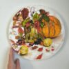 Круглая картина маслом осенний натюрморт с тыквой и яблоками
